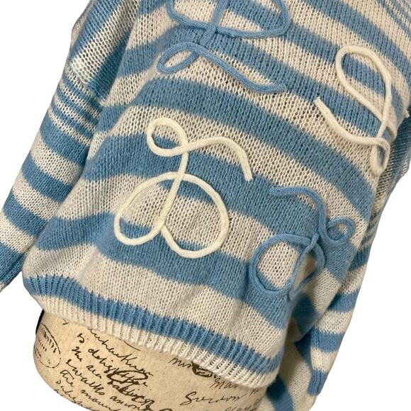 Vintage 1980s Blue & White Striped Handmade Knit Mockneck Sweater Oversized M/L - Picture 4 of 12